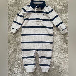 Ralph Lauren Cotton Polo Coveralls in Light Grey/Navy Stripes, Size 9M